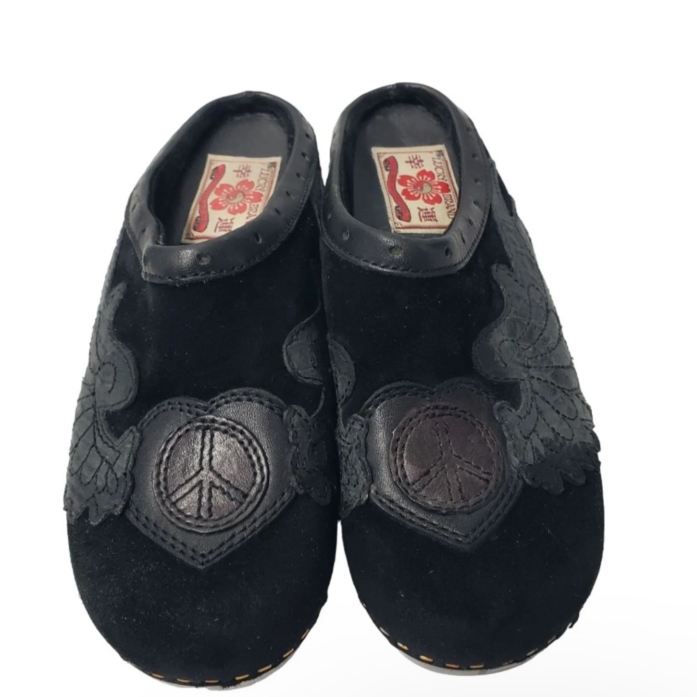 Vintage Lucky Brand Womens Suede Leather Black Angel Wings Heart Fable Clogs 6.5